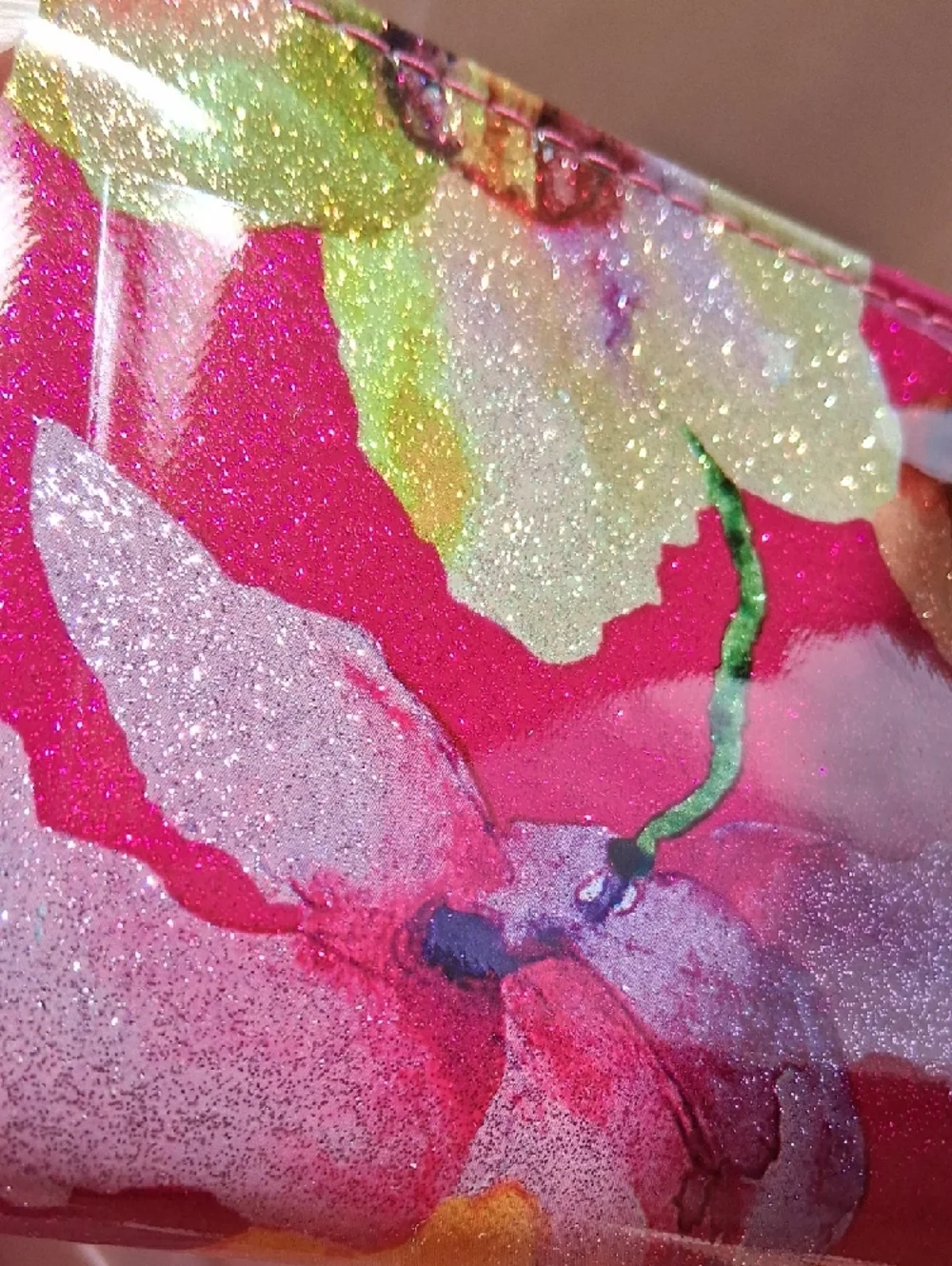 Glittery Floral Print Women's Wallet - Pink Green